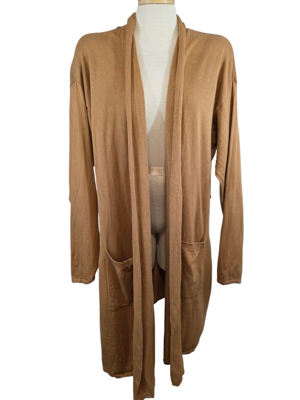 Jason Wu Sweater Womans 1X Tan Duster Cardigan Pockets Casual Comfort Neutral